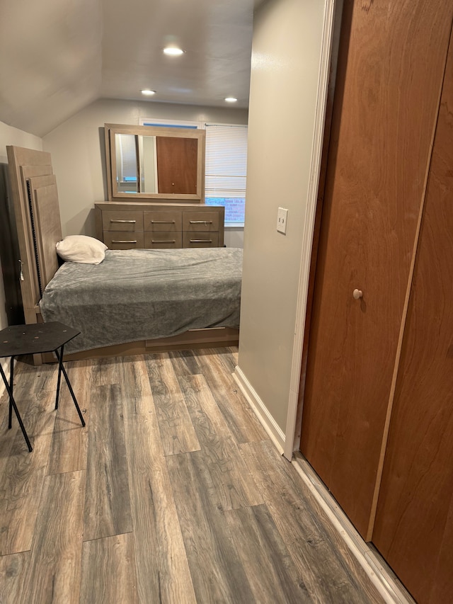 bedroom featuring wood-type flooring and lofted ceiling