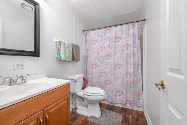 bathroom featuring vanity, a textured ceiling, toilet, and tile patterned flooring