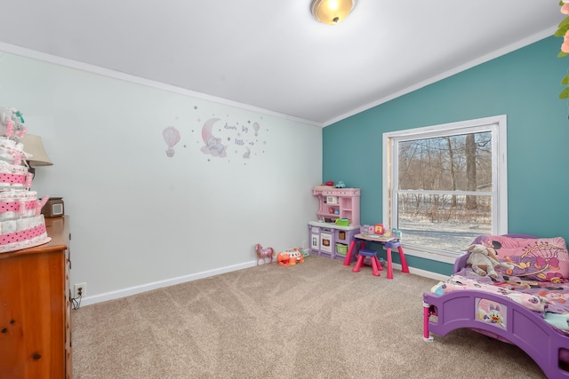 game room with carpet floors, lofted ceiling, and ornamental molding