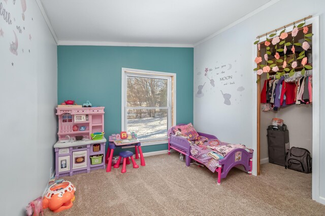 bedroom featuring crown molding, carpet floors, and vaulted ceiling