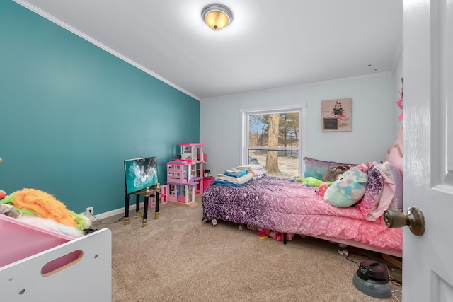 carpeted bedroom with ornamental molding