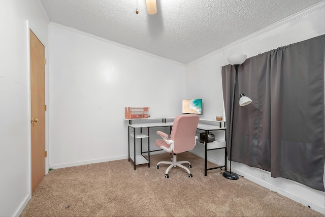 carpeted office with a textured ceiling and ornamental molding