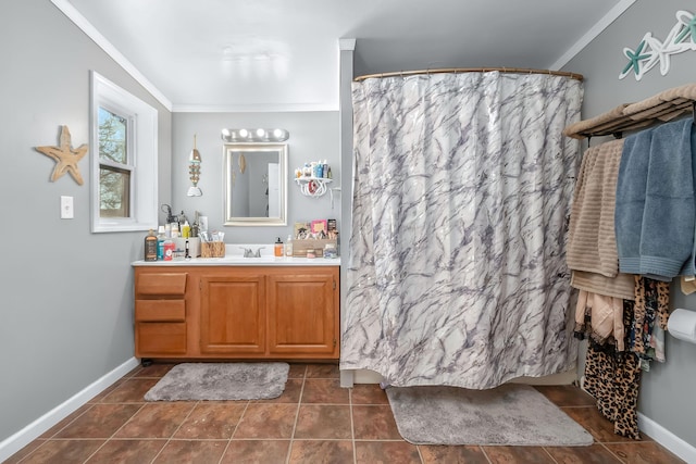 bathroom with crown molding, tile patterned flooring, vanity, and a shower with shower curtain