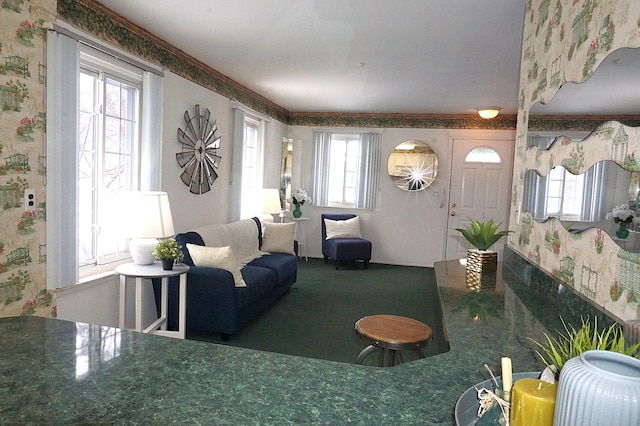 living room featuring ornamental molding