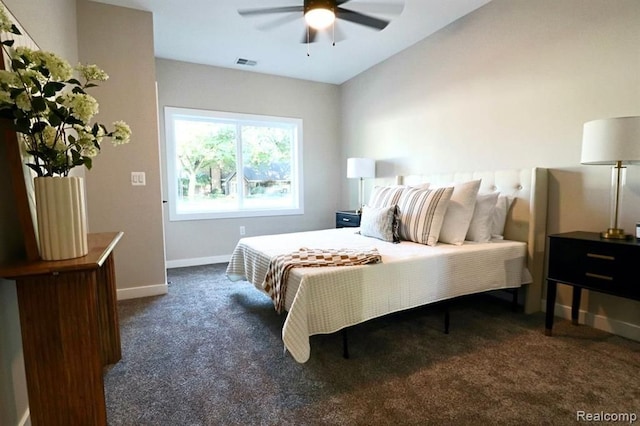 carpeted bedroom with ceiling fan