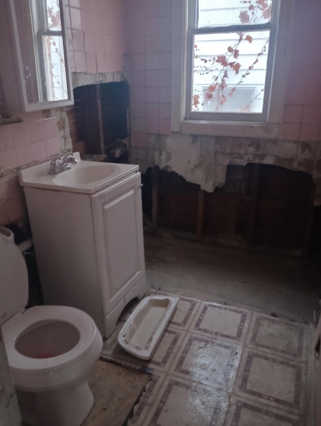 bathroom with vanity, tile walls, and toilet