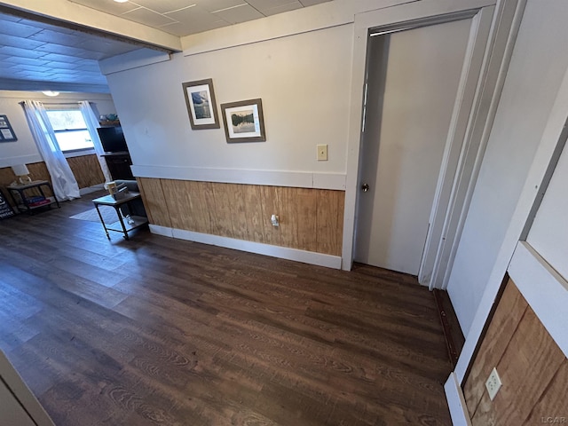 interior space featuring dark wood-type flooring and wooden walls