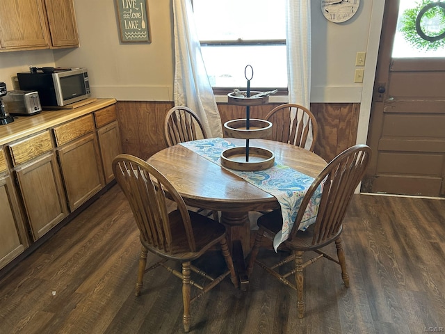 dining area featuring a wealth of natural light, dark wood-type flooring, and wood walls