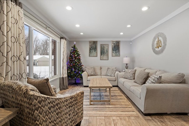 living room featuring crown molding and hardwood / wood-style flooring