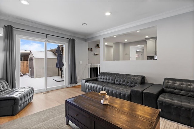 living room featuring light hardwood / wood-style floors and crown molding