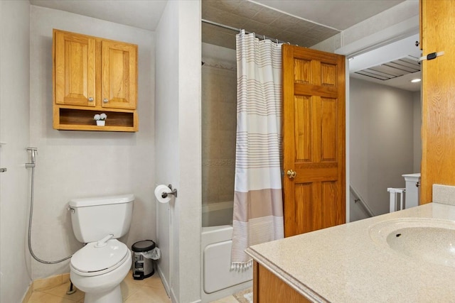 full bathroom featuring toilet, vanity, tile patterned floors, and shower / bath combination with curtain