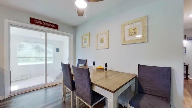 dining area with ceiling fan and wood-type flooring