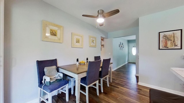 dining area featuring ceiling fan and dark hardwood / wood-style floors