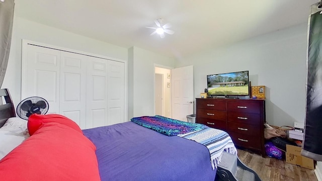 bedroom featuring ceiling fan, dark wood-type flooring, and a closet