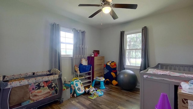 bedroom featuring multiple windows, ceiling fan, and wood-type flooring