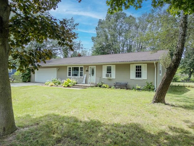 single story home with covered porch, a garage, a front lawn, and cooling unit