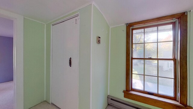 interior space featuring baseboard heating, lofted ceiling, and a wealth of natural light