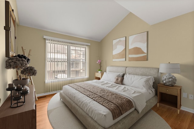 bedroom featuring hardwood / wood-style flooring and lofted ceiling