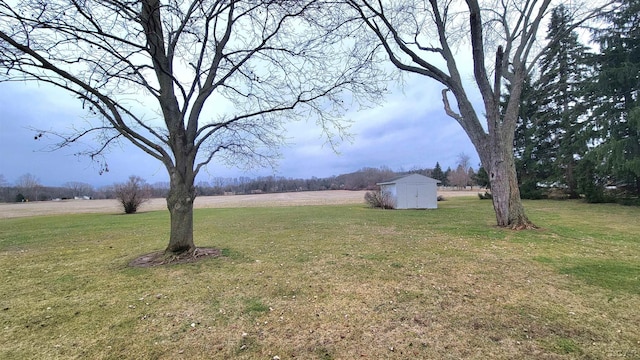 view of yard featuring a rural view and a storage unit