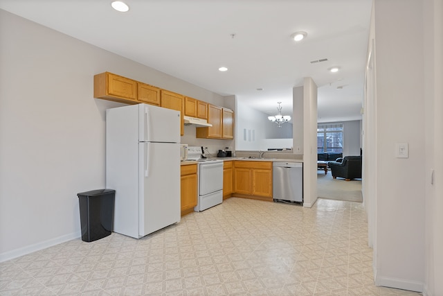 kitchen with electric range, dishwasher, a notable chandelier, white fridge, and pendant lighting