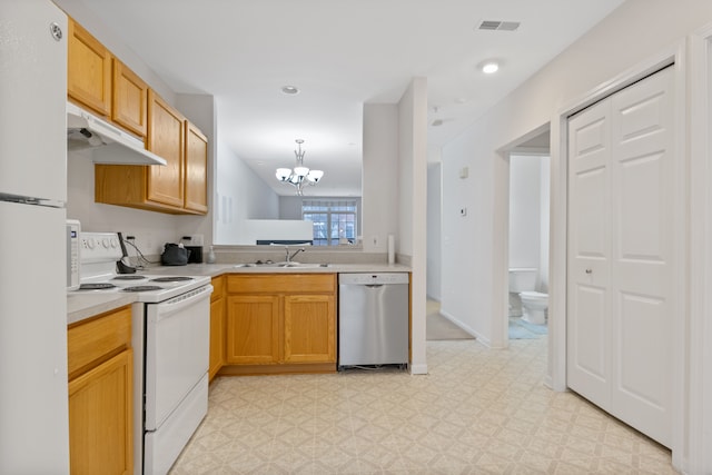 kitchen featuring sink, decorative light fixtures, a notable chandelier, dishwasher, and range with electric stovetop