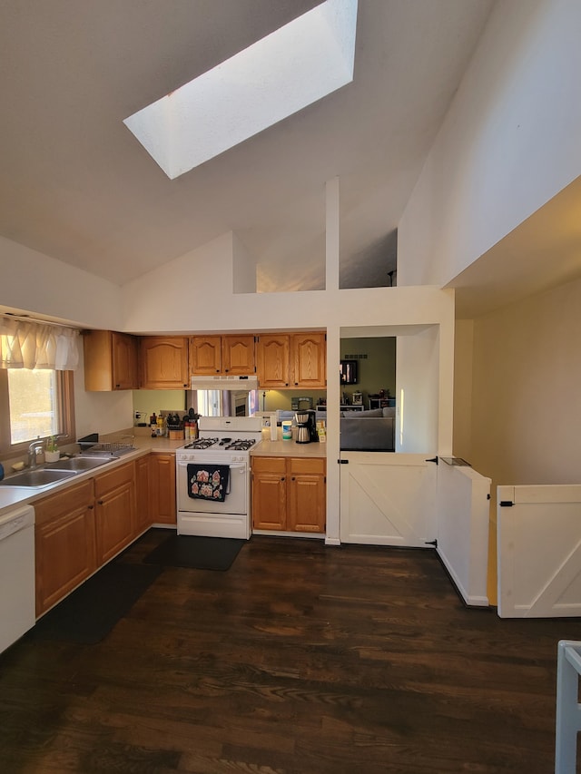 kitchen featuring a skylight, sink, dark hardwood / wood-style flooring, high vaulted ceiling, and white appliances