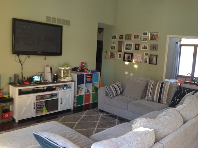 living room featuring dark wood-type flooring