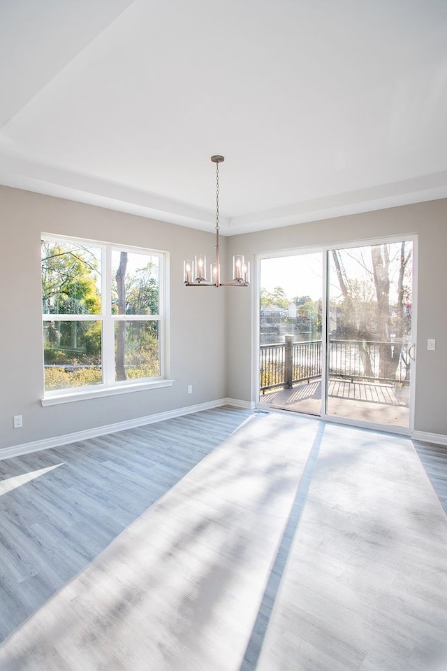 spare room with hardwood / wood-style flooring, a notable chandelier, a tray ceiling, and a water view