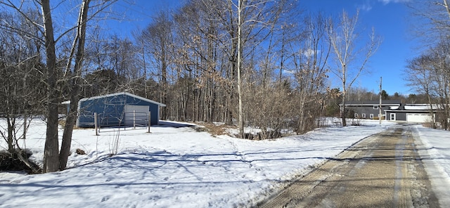 snowy yard with an outdoor structure and a detached garage