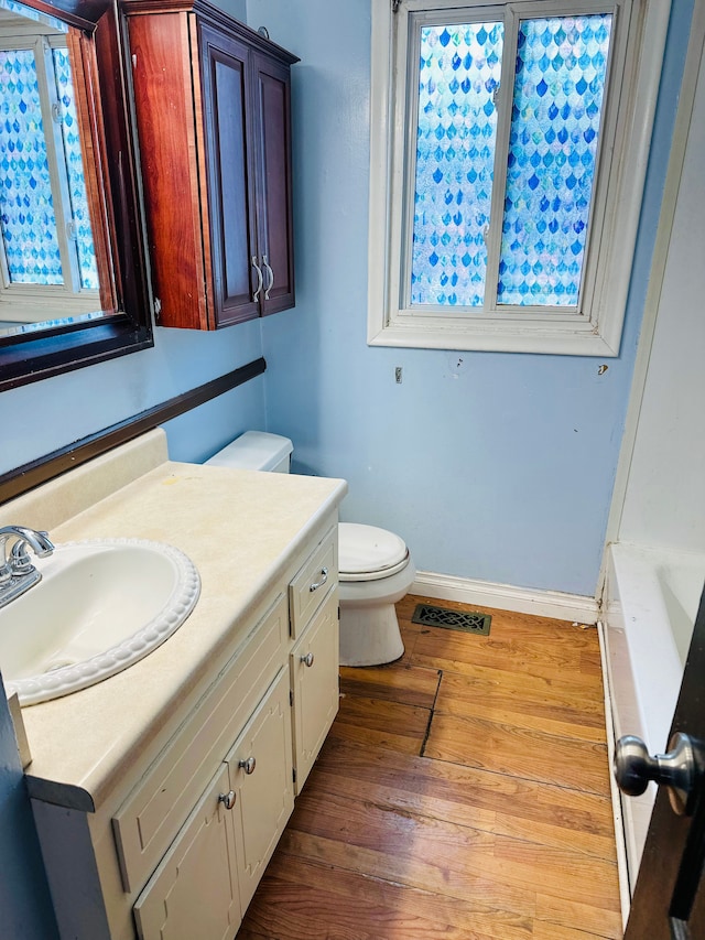 bathroom with wood-type flooring, vanity, and toilet