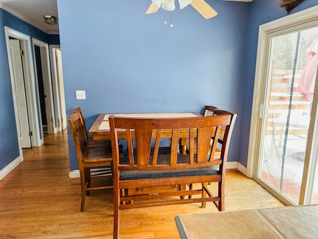 dining space with ceiling fan and light hardwood / wood-style floors