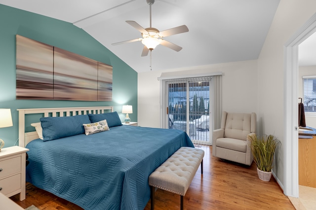 bedroom with lofted ceiling, light wood-type flooring, ceiling fan, and access to exterior