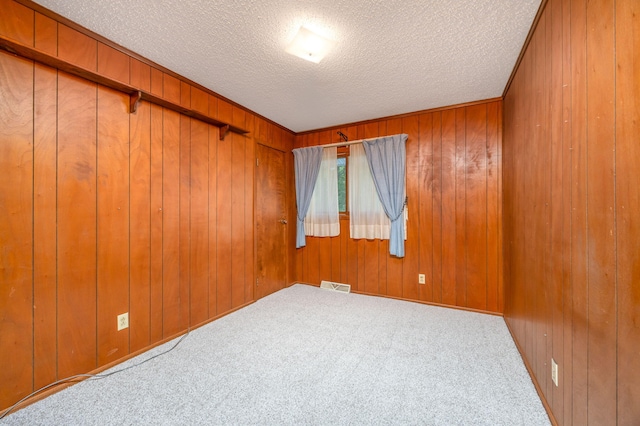 empty room featuring wooden walls, carpet, and a textured ceiling