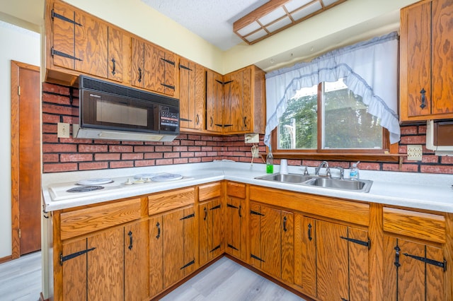 kitchen with light wood-type flooring, white electric stovetop, and sink