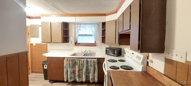 kitchen with crown molding, sink, a textured ceiling, and white electric range