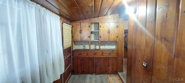 interior space with wood walls, lofted ceiling, and wood ceiling