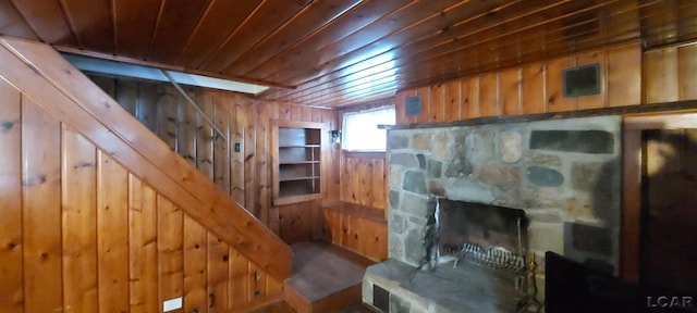 basement with wooden walls and wood ceiling