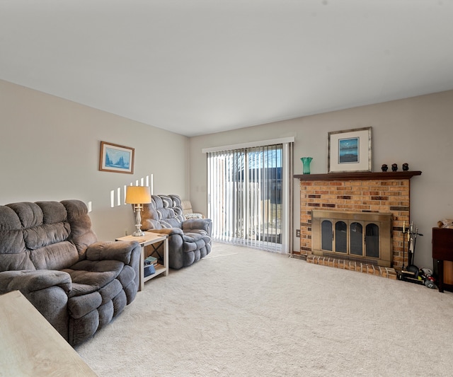 carpeted living room featuring a fireplace