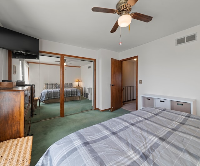 carpeted bedroom with ceiling fan