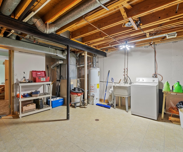 basement with washer / dryer, sink, and water heater