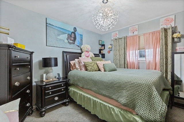 bedroom featuring an inviting chandelier and carpet