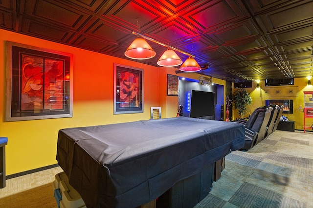 playroom featuring pool table, a fireplace, and carpet