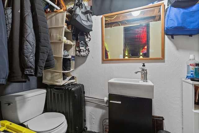 bathroom with toilet, radiator heating unit, and vanity