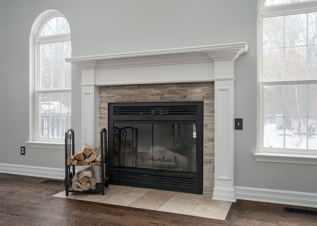 details featuring a tiled fireplace and wood-type flooring