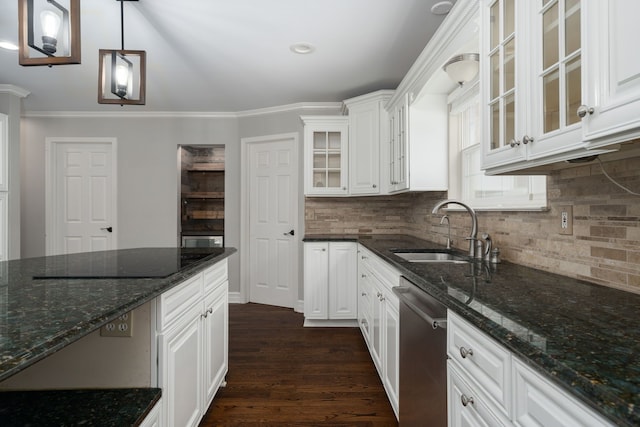 kitchen featuring white cabinetry, dishwasher, sink, hanging light fixtures, and black electric stovetop