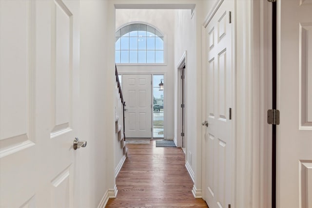 entrance foyer featuring a high ceiling, wood finished floors, and baseboards