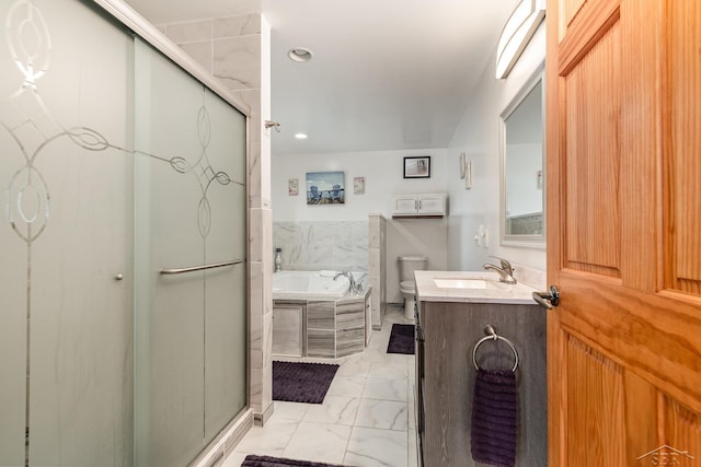 full bathroom featuring vanity, toilet, and plus walk in shower