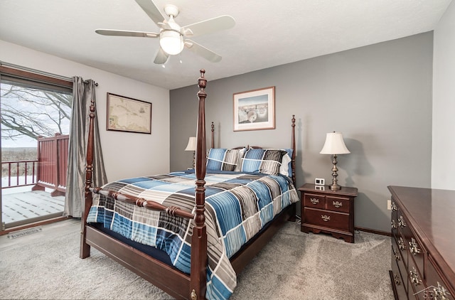 bedroom featuring carpet flooring, ceiling fan, and access to outside