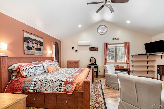 bedroom with a wall mounted air conditioner, ceiling fan, light wood-type flooring, and lofted ceiling