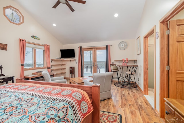 bedroom with access to exterior, light wood-type flooring, vaulted ceiling, and ceiling fan